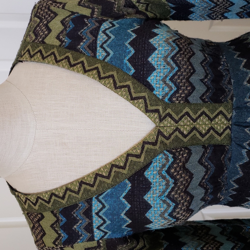 Vintage Y2K HALE BOB Boho Woven Mini Dress • Olive Green Turquoise Chevron • XS - Picture 7 of 12